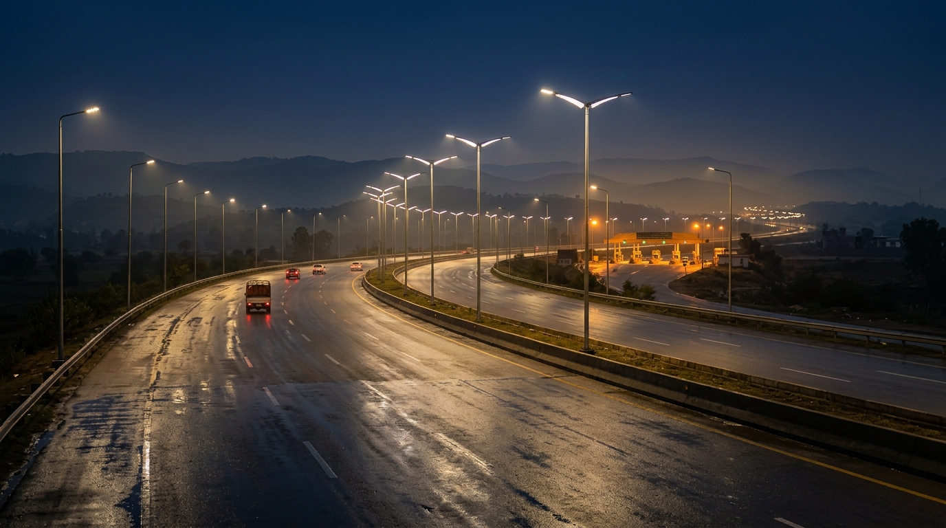 Butterfly LED illuminating a highway at night in Pakistan