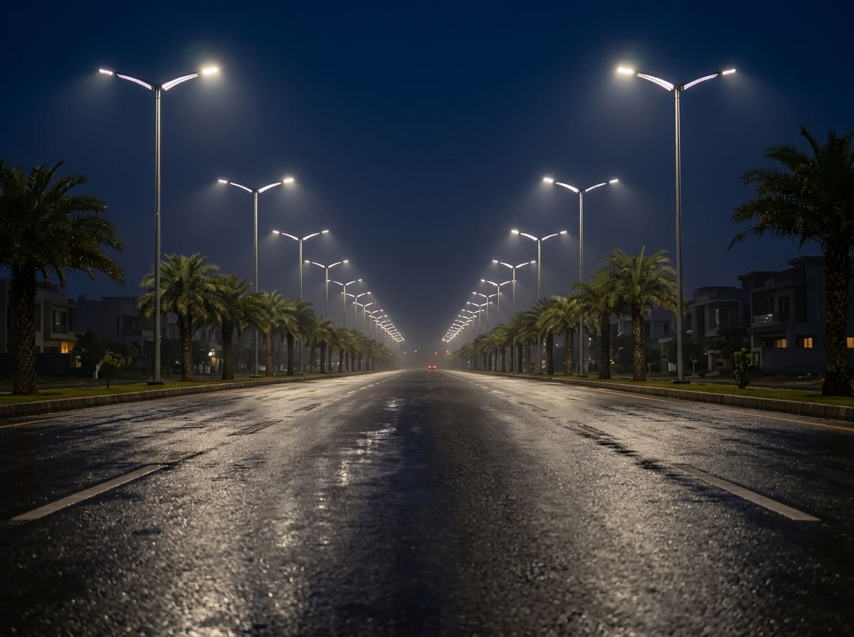 DHA Lahore Phase IX Prism — Butterfly LED streetlight deployment at night