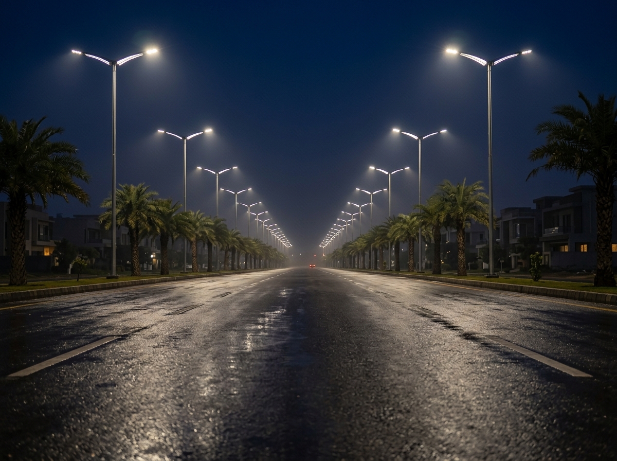DHA Lahore Phase IX Prism — Butterfly LED streetlight deployment at night